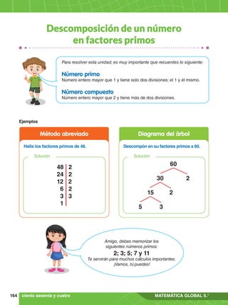164 MATEMÁTICA GLOBAL 5.°
Amigo, debes memorizar los
siguientes números primos:
2; 3; 5; 7 y 11
Te servirán para muchos cálculos importantes.
¡Vamos, tú puedes!
Para resolver esta unidad, es muy importante que recuerdes lo siguiente:
Número primo
Número entero mayor que 1 y tiene solo dos divisiones: el 1 y él mismo.
Número compuesto
Número entero mayor que 2 y tiene más de dos divisiones.
Método abreviado Diagrama del árbol
60
2
30
15 2
5 3
48 2
24 2
12 2
6 2
3 3
1
Solución Solución
Halla los factores primos de 48. Descompón en su factores primos a 60.
ciento sesenta y cuatro
Ejemplos
Descomposición de un número
en factores primos
 