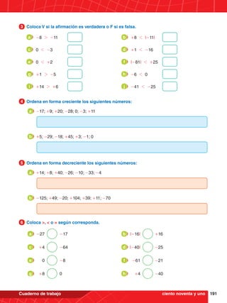 191
Cuaderno de trabajo
3.	 Coloca V si la afirmación es verdadera o F si es falsa.
3
4.	 Ordena en forma creciente los siguientes números:
4
5.	 Ordena en forma decreciente los siguientes números:
5
6.	 Coloca >, < o = según corresponda.
6
-17; +9; +20; -28; 0; -3; +11
a
+14; +8; +40; -26; -10; -33; -4
a
-125; +49; -20; +104; +39; +11; -70
b
+5; -29; -18; +45; +3; -1; 0
b
-27 -17
a
+4 -64
c
0 -8
e
+8 0
g
|-16| +16
b
|-40| -25
d
-61 -21
f
+4 -40
h
-8 2 -11
a +8 1 |-11|
b
0 1 -3
c +1 1 -16
d
0 1 +2
e |-81| 1 +25
f
+1 2 -5
g -6 1 0
h
+14 2 +6
i -41 1 -25
j
ciento noventa y uno
 