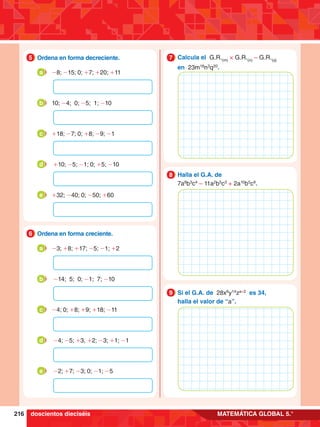 216 MATEMÁTICA GLOBAL 5.°
7
.	 Ordena en forma decreciente.
5
-8; -15; 0; +7; +20; +11
a
10; -4; 0; -5; 1; -10
b
+18; -7; 0; +8; -9; -1
c
+10; -5; -1; 0; +5; -10
d
+32; -40; 0; -50; +60
e
8.	 Ordena en forma creciente.
6
-3; +8; +17; -5; -1; +2
a
-14; 5; 0; -1; 7; -10
b
-4; 0; +8; +9; +18; -11
c
-4; -5; +3, +2; -3; +1; -1
d
-2; +7; -3; 0; -1; -5
e
5.	 Calcula el G.R.(m)
× G.R.(n)
– G.R.(q)
	 en 23m18
n3
q20
.
7
6.	 Halla el G.A. de
	7a8
b3
c4
– 11a2
b5
c3
+ 2a10
b5
c9
.
8
7.	 Si el G.A. de 28x6
y14
za+2
es 34,
	 halla el valor de “a”.
9
doscientos dieciséis
 