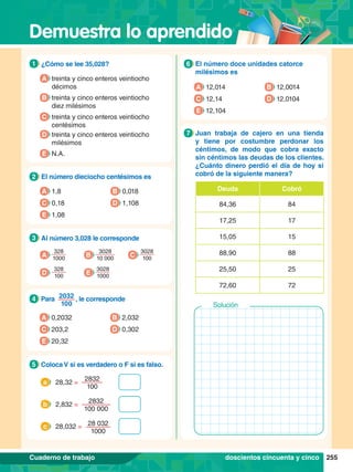 Demuestra lo aprendido
255
Cuaderno de trabajo
6.	 El número doce unidades catorce
milésimos es
6
A 12,014
C 12,14
B 12,0014
D 12,0104
E 12,104
6.	 Juan trabaja de cajero en una tienda
y tiene por costumbre perdonar los
céntimos, de modo que cobra exacto
sin céntimos las deudas de los clientes.
¿Cuánto dinero perdió el día de hoy si
cobró de la siguiente manera?
Deuda Cobró
84,36 84
17,25 17
15,05 15
88,90 88
25,50 25
72,60 72
7
1.	 ¿Cómo se lee 35,028?
1
A treinta y cinco enteros veintiocho
décimos
B treinta y cinco enteros veintiocho
diez milésimos
C treinta y cinco enteros veintiocho
centésimos
D treinta y cinco enteros veintiocho
milésimos
E N.A.
2.	 El número dieciocho centésimos es
2
A 1,8
C 0,18
B 0,018
D 1,108
E 1,08
3.	 Al número 3,028 le corresponde
3
A
328
1000
D
328
100 E
3028
1000
C
3028
100
B
3028
10 000
4.	 Para 2032
100
 , le corresponde
4
A 0,2032
C 203,2
B 2,032
D 0,302
E 20,32
5.	 Coloca V si es verdadero o F si es falso.
5
28,32 =
2832
100
a
2,832 =
2832
100 000
b
28,032 = 28 032
1000
c
Solución
doscientos cincuenta y cinco
 