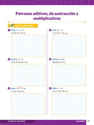 27
Cuaderno de trabajo
Patrones aditivos, de sustracción y
multiplicativos
Aplica lo aprendido
4.	 Halla n - m.
	 5; 2; 7; 6; 9; 18; m; n
6
	 Halla m + 3 en
	 3; 5; 8; 13; 21; m
3
3.	 Calcula x2
en
	 28; 26; 22; 18; x
5
1.	 Calcula a + b.
	 5; 10; 16; 23; 31; a; b
2
3.	 Halla y2
– x2
.
	 1; 6; 4; 9; 7; 12; x; y
4
1.	 Halla “a” y “b”.
	 3; 5; 8; 12; 17; a; b
1
veintisiete
 