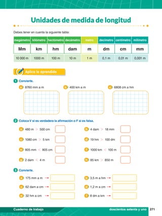 271
Cuaderno de trabajo
Aplica lo aprendido
1.	 Convierte.
1
2.	 Coloca V si es verdadera la afirmación o F si es falsa.
2
3.	 Convierte.
3
175 mm a m 3,5 m a hm
a b
62 dam a cm 1,2 m a cm
c d
32 hm a cm 8 dm a km
e f
480 m 2 500 cm
a 4 dam 2 18 mm
b
1080 cm 2 5 km
c 19 hm 2 100 dm
d
805 mm 1 805 cm
e 1000 km 1 100 m
f
2 dam 1 4 m
g 85 km 2 850 m
h
Mm hm cm
km dm
dam mm
m
10 000 m 1 m
100 m 0,01 m
1000 m 0,1 m
10 m 0,001 m
megámetro metro
hectómetro centímetro
kilómetro decímetro
decámetro milímetro
400 km a m
b
8760 mm a m
a 6808 cm a hm
c
Debes tener en cuenta la siguiente tabla:
doscientos setenta y uno
Unidades de medida de longitud
 