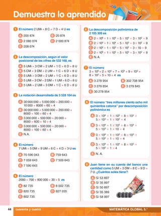 Demuestra lo aprendido
44 MATEMÁTICA GLOBAL 5.°
7.	 El número
	 3 × 106
+ 2 × 105
+ 7 × 104
+ 9 × 103
+
8 × 102 
+ 5 × 10 + 4 es
7
A 3 278 954
C 3 279 854
B 302 708 954
D 3 279 845
E 30 278 954
6.	 La descomposición polinómica de
2 105 309 es
6
A 2 # 106
+ 1 # 104
+ 5 # 103
+ 3 # 102
+ 9
B 2 # 105
+ 1 # 104
+ 5 # 103
+ 3 # 102
+ 9
C 2 # 105
+ 1 # 103
+ 5 # 102
+ 3 # 10 + 9
D 2 # 106
+ 1 # 105
+ 5 # 103
+ 3 # 102
+ 9
E N.A.
8.	 El número “tres millones ciento ocho mil
quinientos catorce” por descomposición
polinómica es
8
A 3 # 106
+ 1 # 105
+ 8 # 104
+
5 # 103
 + 1 # 102
+ 4
B 3 # 106
+ 1 # 105
+ 8 # 104
+
5 # 103
 + 1 # 10 + 4
C 3 # 106
+ 1 # 105
+ 8 # 103
+
5 # 102
 + 1 # 10 + 4
D 3 # 106
+ 1 # 104
+ 8 # 103
+
5 # 102
 + 1 # 4
E N. A.
8.	 Juan tiene en su cuenta del banco una
cantidad como 5 UM + 3 DM + 8 C + 9 D +
7 U. ¿Cuántos soles tiene?
9
A S/ 53 897
B S/ 35 897
C S/ 50 897
D S/ 35 389
E S/ 58 997
1.	 El número 2 UMi + 8 C + 7 D + 4 U es
1
A 200 874
C 2 080 074
B 20 874
D 2 000 874
E 208 074
5.	 El número
	 2000 + 700 + 800 000 + 30 + 5 es
5
A 82 735
C 820 735
B 8 002 735
D 827 035
E 802 735
4.	 El número
	 7 UMi + 5 DM + 9 UM + 6 C + 4 D + 3 U es
4
A 70 596 043
C 7 059 643
B 759 643
D 7 509 643
E 7 590 643
2.	 La descomposición, según el valor
posicional de las cifras de 532 168, es
2
A 5 UMi + 3 CM + 2 UM + 1 C + 6 D + 8 U
B 5 CM + 3 DM + 2 UM + 1 C + 6 D + 8 U
C 5 UMi + 3 DM + 2 UM + 1 C + 6 D + 8 U
D 5 UMi + 3 CM + 2 DM + 1 UM + 6 D + 8 U
E 5 UMi + 2 UM + 3 DM + 1 C + 6 D + 8 U
3.	 La notación desarrollada de 3 528 164 es
3
A 30 000 000 + 5 000 000 + 200 000 +
10 
000 + 8000 + 60 + 4
B 30 000 000 + 5 000 000 + 200 000 +
8000 + 100 + 60 + 4
C 3 000 000 + 500 000 + 20 000 +
8000 + 600 + 10 + 4
D 3 000 000 + 500 000 + 20 000 +
8000 + 100 + 60 + 4
E N.A.
cuarenta y cuatro
 