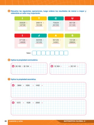 48 MATEMÁTICA GLOBAL 5.°
Valor:
I T C U
35628 +
12739
28614 +
15139
75629 -
24193
80136 -
51123
I J A S
47126 +
14609
32208 -
12120
93126 -
14081
15126 +
28604
6.	 Aplica la propiedad asociativa.
7
5.	 Aplica la propiedad conmutativa.
6
5.	 Resuelve las siguientes operaciones, luego ordena los resultados de menor a mayor y
obtendrás un valor muy importante:
5
cuarenta y ocho
28 160 32 104
+ =
a 12 304 20 141
+ = +
b
3684 1026 1432
+ + =
a
1572 1528 2050
+ + =
b
 