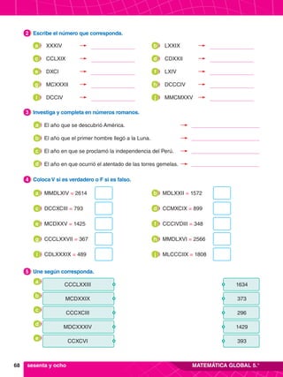 68 MATEMÁTICA GLOBAL 5.°
5.	 Une según corresponda.
5
4.	 Coloca V si es verdadero o F si es falso.
4
3.	 Investiga y completa en números romanos.
3
2.	 Escribe el número que corresponda.
2
CCCLXXIII 1634
MCDXXIX
296
CCCXCIII
1429
393
MDCXXXIV
373
CCXCVI
a
b
c
d
e
MMDLXIV = 2614
a
DCCXCIII = 793
c
CCCLXXVII = 367
g
MCDXXV = 1425
e
CDLXXXIX = 489
i
MDLXXII = 1572
b
CCMXCIX = 899
d
MMDLXVI = 2566
h
CCCIVDIII = 348
f
MLCCCIIX = 1808
j
sesenta y ocho
	 XXXIV
a 	 LXXIX
b
	CCLXIX
c 	 CDXXII
d
	 DXCI
e 	 LXIV
f
	 MCXXXII
g 	 DCCCIV
h
	 DCCIV
i 	 MMCMXXV
j
	 El año que se descubrió América.
a
	 El año que el primer hombre llegó a la Luna.
b
	 El año en que se proclamó la independencia del Perú.
c
	 El año en que ocurrió el atentado de las torres gemelas.
d
 