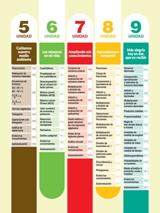 5
UNIDAD
Cuidamos
nuestro
medio
ambiente
132
Potenciación
135
Radicación de
números naturales
138
Ecuaciones de
la forma:
a(x + b) = c;
a(x – b) = c;
x + a
b
= c;
x – a
b
= c
141
Término algebraico
144
Triángulos
146
Operaciones con
triángulos
148
Gráfico de
doble barra
150
Evalúa tus
conocimientos
155
Autoevaluación
6
UNIDAD
Los números
en mi vida
158
Cuadriláteros
161
Propiedades en
los cuadriláteros
164
Descomposición
de un número en
factor primos
167
Mínimo común
Múltiplo (MCM)
170
Máximo común
Divisor (MCD)
173
Valor numérico
de monomio y
polinomio
175
Reducción
de términos
semejantes
178
Perímetros
181
Gráfico poligonal
183
Evalúa tus
conocimientos
187
Autoevaluación
7
UNIDAD
Ampliando mis
conocimientos
190
Conjunto de
números enteros
193
Adición y
sustracción de
números enteros
197
Multiplicación
y división de
números enteros
200
Adición y
sustracción de
monomios
204
Adición y
sustracción de
polinomios
207
Grado relativo y
grado absoluto
de una expresión
algebraica
210
Áreas de las
regiones planas
213
Gráfico circular
215
Evalúa tus
conocimientos
219
Autoevaluación
8
UNIDAD
Aprendemos a
compartir
222
Fracciones
227
Comparación y
equivalencia de
fracciones
229
Adición y
sustracción de
fracciones
231
Multiplicación
y división de
fracciones
232
Operaciones
combinadas con
fracciones
235
Multiplicación de
monomios
225
Clases de
fracciones
238
Multiplicación
de monomio por
polinomio
240
División de
monomios en Z
241
División de
polinomio entre
monomio
243
Circunferencia y
círculo
246
Pictogramas
247
Evalúa tus
conocimientos
251
Autoevaluación
9
UNIDAD
Más alegría
hay en dar,
que en recibir
254
Números
decimales
256
Comparación,
aproximación
y redondeo de
números decimales
258
Adición y
sustracción de
decimales
260
Multiplicación
y división de
números decimales
263
Productos notables
266
Proporcionalidad
268
Regla de
tres simple directa
e inversa
271
Unidades de
medida de longitud
273
Unidades de
medida de masa
275
Unidades de
medida de tiempo
277
Sólidosgeométricos
283
Evalúa tus
conocimientos
287
Autoevaluación
279
Probabilidades de
un sucesos
281
Media aritmética o
promedio, moda y
mediana
 