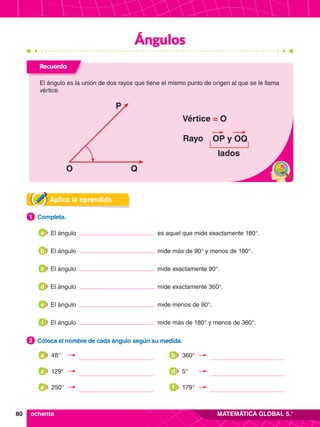 80 MATEMÁTICA GLOBAL 5.°
Ángulos
Aplica lo aprendido
2.	 Coloca el nombre de cada ángulo según su medida.
2
1.	 Completa.
1
	 El ángulo es aquel que mide exactamente 180°.
	 El ángulo mide más de 90° y menos de 180°.
	 El ángulo mide exactamente 90°.
	 El ángulo mide exactamente 360°.
	 El ángulo mide menos de 90°.
	 El ángulo mide más de 180° y menos de 360°.
a
d
b
e
c
f
Recuerda
El ángulo es la unión de dos rayos que tiene el mismo punto de origen al que se le llama
vértice.
O
P
Q
Vértice = O
Rayo OP y OQ
lados
ochenta
360°
b
48°
a
5°
d
129°
c
179°
f
250°
e
 