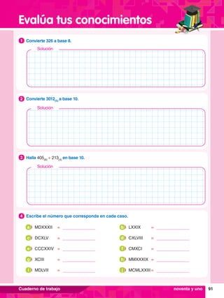 91
Evalúa tus conocimientos
Cuaderno de trabajo
4.	 Escribe el número que corresponda en cada caso.
4
1.	 Convierte 326 a base 8.
1
Solución
2.	 Convierte 3012(5)
a base 10.
2
Solución
3.	 Halla 405(6)
+ 213(4)
en base 10.
3
Solución
noventa y uno
	 MDXXXII	 =
a 	 LXXIX	 =
b
	 DCXLV	 =
c 	 CXLVIII	 =
d
	 CCCXXIV	 =
e 	 CMXCI	 =
f
	 XCIII	 =
g 	 MMXXXIX	 =
h
	MDLVII	 =
i 	MCMLXXIII	
=
j
 