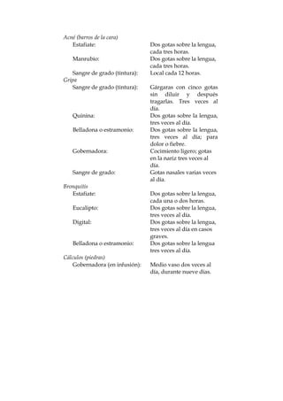 Acné (barros de la cara)
Estafiate: Dos gotas sobre la lengua,
cada tres horas.
Manrubio: Dos gotas sobre la lengua,
cada tres horas.
Sangre de grado (tintura): Local cada 12 horas.
Gripa
Sangre de grado (tintura): Gárgaras con cinco gotas
sin diluir y después
tragarlas. Tres veces al
día.
Quinina: Dos gotas sobre la lengua,
tres veces al día.
Belladona o estramonio: Dos gotas sobre la lengua,
tres veces al día; para
dolor o fiebre.
Gobernadora: Cocimiento ligero; gotas
en la nariz tres veces al
día.
Sangre de grado: Gotas nasales varias veces
al día.
Bronquitis
Estafiate: Dos gotas sobre la lengua,
cada una o dos horas.
Eucalipto: Dos gotas sobre la lengua,
tres veces al día.
Digital: Dos gotas sobre la lengua,
tres veces al día en casos
graves.
Belladona o estramonio: Dos gotas sobre la lengua
tres veces al día.
Cálculos (piedras)
Gobernadora (en infusión): Medio vaso dos veces al
día, durante nueve días.
 