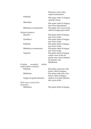 Descanso nueve días;
repetir tratamiento.
Estafiate:
Dos gotas sobre la lengua,
cada dos horas.
Manrubio:
Dos gotas sobre la lengua,
tres veces diariamente.
Belladona o estramonio: Dos gotas, tres veces al día
sobre la lengua para dolor.
Epilepsia (ataques)
Epamín: Dos gotas sobre la lengua,
dos veces al día.
Passiflora: Dos gotas sobre la lengua,
tres veces al día
Estafiate: Dos gotas sobre la lengua,
tres veces al día.
Belladona o estramonio: Dos gotas sobre la lengua,
tres veces al día.
Tegretol: Dos gotas sobre la lengua,
cuatro veces al día (se
puede usar como sustituto
de epamín o de
belladona).
Erisipela, sarampión, rubéola
(enfermedades eruptivas)
Estafiate: Dos gotas cada una o dos
horas, sobre la lengua.
Belladona: Dos gotas cada una o dos
horas, sobre la lengua.
Sangre de grado (tintura): Aplicar en la piel enferma
dos veces al día.
Dolor (una o varias de las
siguientes)
Belladona: Dos gotas sobre la lengua,
 