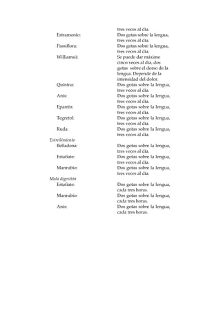 tres veces al día.
Estramonio: Dos gotas sobre la lengua,
tres veces al día.
Passiflora: Dos gotas sobre la lengua,
tres veces al día.
Williamsii: Se puede dar máximo
cinco veces al día, dos
gotas sobre el dorso de la
lengua. Depende de la
intensidad del dolor.
Quinina: Dos gotas sobre la lengua,
tres veces al día.
Anís: Dos gotas sobre la lengua,
tres veces al día.
Epamín: Dos gotas sobre la lengua,
tres veces al día.
Tegretol: Dos gotas sobre la lengua,
tres veces al día.
Ruda: Dos gotas sobre la lengua,
tres veces al día.
Estreñimiento
Belladona: Dos gotas sobre la lengua,
tres veces al día.
Estafiate: Dos gotas sobre la lengua,
tres veces al día.
Manrubio: Dos gotas sobre la lengua,
tres veces al día.
Mala digestión
Estafiate: Dos gotas sobre la lengua,
cada tres horas.
Manrubio: Dos gotas sobre la lengua,
cada tres horas.
Anís: Dos gotas sobre la lengua,
cada tres horas.
 