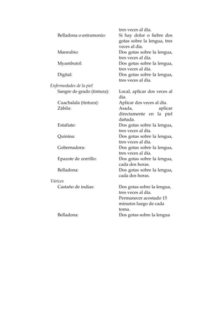 tres veces al día.
Belladona o estramonio: Si hay dolor o fiebre dos
gotas sobre la lengua, tres
veces al día.
Manrubio: Dos gotas sobre la lengua,
tres veces al día.
Myambutol: Dos gotas sobre la lengua,
tres veces al día.
Digital: Dos gotas sobre la lengua,
tres veces al día.
Enfermedades de la piel
Sangre de grado (tintura): Local, aplicar dos veces al
día.
Cuachalala (tintura): Aplicar dos veces al día.
Zábila: Asada, aplicar
directamente en la piel
dañada.
Estafiate: Dos gotas sobre la lengua,
tres veces al día.
Quinina: Dos gotas sobre la lengua,
tres veces al día.
Gobernadora: Dos gotas sobre la lengua,
tres veces al día.
Epazote de zorrillo: Dos gotas sobre la lengua,
cada dos horas.
Belladona: Dos gotas sobre la lengua,
cada dos horas.
Várices
Castaño de indias: Dos gotas sobre la lengua,
tres veces al día.
Permanecer acostado 15
minutos luego de cada
toma.
Belladona: Dos gotas sobre la lengua
 