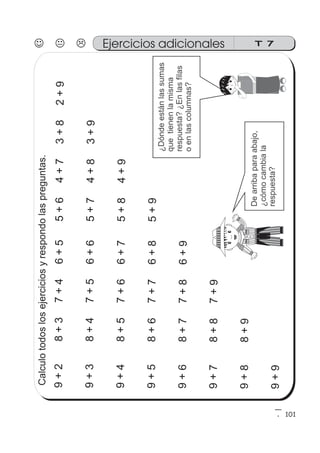 Ejercicios adicionales T 7
101
¿Dóndeestánlassumas
quetienenlamisma
respuesta?¿Enlasfilas
oenlascolumnas?
Dearribaparaabajo,
¿cómocambiala
respuesta?
Calculotodoslosejerciciosyrespondolaspreguntas.
9+28+37+46+55+64+73+82+9
9+38+47+56+65+74+83+9
9+48+57+66+75+84+9
9+58+67+76+85+9
9+68+77+86+9
9+78+87+9
9+88+9
9+9
 