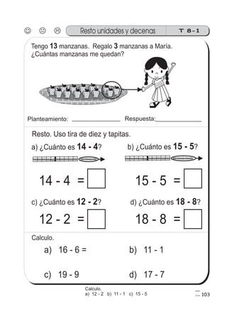 J K L
103
Tengo manzanas. Regalo manzanas a María.
¿Cuántas manzanas me quedan?
13 3
Resto. Uso tira de diez y tapitas.
a) ¿Cuánto es ?14 - 4
T 8-1Resto unidades y decenas
Planteamiento: Respuesta:
a) 16 - 6 = b) 11 - 1
c) 19 - 9 d) 17 - 7
b) ¿Cuánto es ?15 - 5
c) ¿Cuánto es ?12 - 2 d) ¿Cuánto es ?18 - 8
14 - 4 = 15 - 5 =
12 - 2 = 18 - 8 =
Calculo.
5
3
Calculo.
a) 12 - 2 b) 11 - 1 c) 15 - 5
 