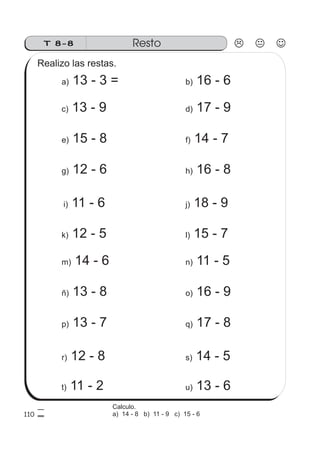 RestoT 8-8
110
g) 12 - 6 h) 16 - 8
Realizo las restas.
a) 13 - 3 = b) 16 - 6
e) 15 - 8 f) 14 - 7
c) 13 - 9 d) 17 - 9
i) 11 - 6 j) 18 - 9
p) 13 - 7 q) 17 - 8
k) 12 - 5 l) 15 - 7
ñ) 13 - 8 o) 16 - 9
m) 14 - 6 n) 11 - 5
r) 12 - 8 s) 14 - 5
t) 11 - 2 u) 13 - 6
Calculo.
a) 14 - 8 b) 11 - 9 c) 15 - 6
 