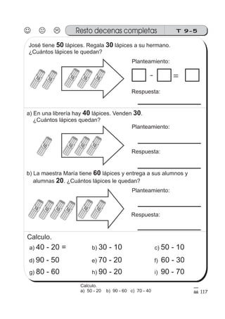 T 9-5Resto decenas completas
- =
117
10 10
10 10 10
10 101010
10
1010
10 1010
José tiene lápices. Regala lápices a su hermano.
¿Cuántos lápices le quedan?
50 30
Planteamiento:
Respuesta:
a) En una librería hay lápices. Venden .
¿Cuántos lápices quedan?
40 30
Planteamiento:
Respuesta:
b) La maestra María tiene lápices y entrega a sus alumnos y
alumnas . ¿Cuántos lápices le quedan?
60
20
Planteamiento:
Respuesta:
Calculo.
a) 40 - 20 = c) 50 - 10b) 30 - 10
g) 80 - 60 i) 90 - 70h) 90 - 20
d) 90 - 50 f) 60 - 30e) 70 - 20
Calculo.
a) 50 - 20 b) 90 - 60 c) 70 - 40
 