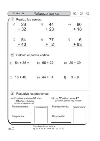 Refuerzo sumasT 9-10
122
1 Realizo las sumas.
a) 26
+ 32
d) 54
+ 40
c) 60
+ 18
f) 6
+ 83
b) 44
+ 23
e) 77
+ 2
a) 54 + 35 = c) 20 + 39b) 66 + 22
2 Calculo en forma vertical.
d) 18 + 40 f) 3 + 8e) 44 + 4
3 Resuelvo los problemas.
Forma vertical
a) En primer grado hay niños
y niñas. ¿Cuántos
alumnos hay en total?
30
40
Planteamiento:
Respuesta:
b) Hay pollitos. Nacen .
¿Cuántos pollitos hay en total?
52 27
Planteamiento:
Respuesta:
Forma vertical
Calculo en forma vertical.
a) 61 + 28 b) 50 + 18 c) 7 + 72
 