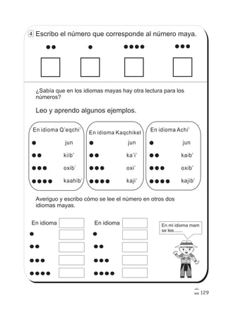 129
En idioma Q’eqchi’
jun
kiib’
oxib’
kaahib’
En idioma Kaqchikel
Escribo el número que corresponde al número maya.
¿Sabía que en los idiomas mayas hay otra lectura para los
números?
Leo y aprendo algunos ejemplos.
jun
ka i’
oxi’
kaji’
’
En idioma Achi’
jun
kaib’
oxib’
kajib’
Averiguo y escribo cómo se lee el número en otros dos
idiomas mayas.
En idioma En idioma En mi idioma mam
se lee.......
4
 