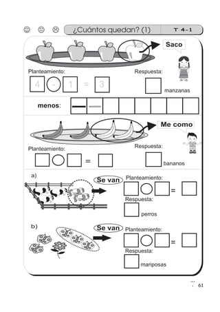 61
T 4-1¿Cuántos quedan? (1)
menos:
-
＝
a)
＝
Se van
b)
Saco
Me como
＝
Planteamiento: Respuesta:
manzanas
Planteamiento: Respuesta:
bananos
Se van
Planteamiento:
Respuesta:
perros
Planteamiento:
Respuesta:
mariposas
4 - 1 = 3
 