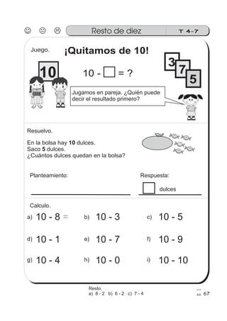 Resto de diez T 4-7
En la bolsa hay dulces.
Saco dulces.
¿Cuántos dulces quedan en la bolsa?
10
5
67
¡Quitamos de 10!
10 - = ?
3
7
510
Juego.
FRESA
FRESA
FRESA
FRESA
FRESA
FRESA
FRESA
FRESA
FRESA
FRESA
Jugamos en pareja. ¿Quién puede
decir el resultado primero?
Resuelvo.
Planteamiento: Respuesta:
dulces
Calculo.
a) b) c)
d) e) f)
g) h) i)
10 - 8 = 10 - 3 10 - 5
10 - 1 10 - 7 10 - 9
10 - 4 10 - 0 10 - 10
Resto.
a) 8 - 2 b) 6 - 2 c) 7 - 4
 