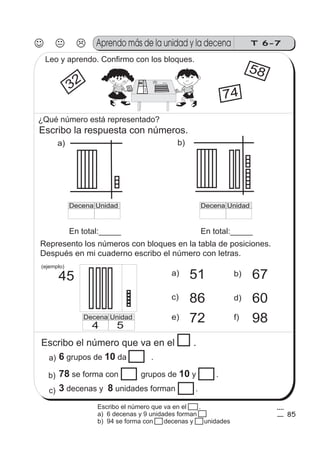 Aprendo más de la unidad y la decena T 6-7
DecenaUnidad
4
8
a)
b)
c)
85
Represento los números con bloques en la tabla de posiciones.
(ejemplo)
a)
45 b) 67
d) 60c) 86
51
e) 72 f) 98
Después en mi cuaderno escribo el número con letras.
¿Qué número está representado?
b)
Escribo la respuesta con números.
a)
Leo y aprendo. Confirmo con los bloques.
32
58
74
Decena Unidad Decena Unidad
En total:_____ En total:_____
Decena Unidad
4 5
Escribo el número que va en el .
6 10grupos de da .
78 10se forma con grupos de y .
3 8decenas y unidades forman .
Escribo el número que va en el .
a) 6 decenas y 9 unidades forman 54
b) 94 se forma con 15 decenas y 15 unidades
 