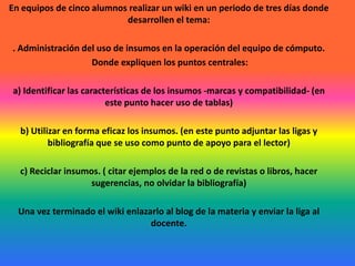En equipos de cinco alumnos realizar un wiki en un periodo de tres días donde desarrollen el tema: . Administración del uso de insumos en la operación del equipo de cómputo.  Donde expliquen los puntos centrales: a) Identificar las características de los insumos -marcas y compatibilidad- (en este punto hacer uso de tablas) b) Utilizar en forma eficaz los insumos. (en este punto adjuntar las ligas y bibliografía que se uso como punto de apoyo para el lector) c) Reciclar insumos. ( citar ejemplos de la red o de revistas o libros, hacer sugerencias, no olvidar la bibliografía) Una vez terminado el wiki enlazarlo al blog de la materia y enviar la liga al docente.