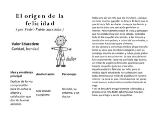 E l o rig e n de la                            Había una vez un niño que era muy feliz, , aunque
                                                   no tenía muchos juguetes ni dinero. Él decía que lo
        fe lic ida d                               que le hacía feliz era hacer cosas por los demás, y
                                                   que eso le daba una sensación genial en su
    ( por Pedro Pablo Sacristán )                  interior. Pero realmente nadie le creía, y pensaban
                                                   que no andaba muy bien de la cabeza. Dedicaba
                                                   todo el día a ayudar a los demás, a dar limosna y
                                                   ayuda a los más pobres, a cuidar de los animales, y
Valor Educativo:                                   raras veces hacía nada para sí mismo.
                                                   Un día conoció a un famoso médico al que extrañó
Caridad, bondad                                    tanto su caso, que decidió investigarlo, y con un
                                                   complejo sistema de cámaras y tubos, pudo grabar
                                                   lo que ocurría en su interior. Lo que descubrieron
                                                   fue sorprendente: cada vez que hacía algo bueno,
                                                   un millar de angelitos diminutos aparecían para
                                                   hacerle cosquillas justo en el corazón.
                                                   Aquello explicó la felicidad del niño, pero el
Idea y enseñanza                                   médico siguió estudiando hasta descubrir que
                    Ambientación   Personajes
principal                                          todos tenemos ese millar de angelitos en nuestro
                                                   interior. La pena es que como hacemos tan pocas
Explicar de forma                                  cosas buenas, andan todos aburridos haciendo el
comprensible                                       vago.
para los niños la                  Un niño, su     Y así se descubrió en qué consiste la felicidad, y
                    Una ciudad                     gracias a ese niño todos sabemos qué hay que
alegría y                          entorno, y un
                    cualquiera                     hacer para llegar a sentir cosquillitas
satisfacción que                   doctor
dan las buenas
acciones
 