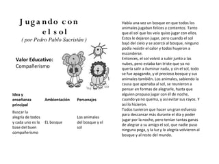 J u g a n do c o n                               Había una vez un bosque en que todos los
                                                    animales jugaban felices y contentos. Tanto
           e l s ol                                 que el sol que los veía quiso jugar con ellos.
     ( por Pedro Pablo Sacristán )                  Estos le dejaron jugar, pero cuando el sol
                                                    bajó del cielo y se acercó al bosque, ninguno
                                                    podía resistir el calor y todos huyeron a
                                                    esconderse.
 Valor Educativo:                                   Entonces, el sol volvió a subir junto a las
                                                    nubes, pero estaba tan triste que ya no
 Compañerismo                                       quería salir a iluminar nada, y sin el sol, todo
                                                    se fue apagando, y el precioso bosque y sus
                                                    animales también. Los animales, sabiendo la
                                                    causa que apenaba al sol, se reunieron a
                                                    pensar en formas de alegrarle, hasta que
Idea y                                              alguien propuso jugar con él de noche,
enseñanza          Ambientación   Personajes        cuando ya no quema, y así evitar sus rayos. Y
principal                                           así lo hicieron.
                                                    Todos tuvieron que hacer un gran esfuerzo
Buscar la
                                                    para descansar más durante el día y poder
alegría de todos                  Los animales
                                                    jugar por la noche, pero tenían tantas ganas
y cada uno es la   EL bosque      del bosque y el
                                                    de alegrar a su amigo el sol, que nadie puso
base del buen                     sol
                                                    ninguna pega, y la luz y la alegría volvieron al
compañerismo
                                                    bosque y al resto del mundo.
 