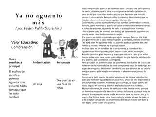 Había una vez dos puertas en la misma casa. Una era una bella puerta
                                                 de salón, mientras que la otra era una puerta de baño del montón,

    Y a n o a g u a n to                         pero en lo que coincidían ambas era en que llevaban una vida de
                                                 perros. La casa estaba llena de niños traviesos y descuidados que no
                                                 dejaban de arrearles portazos y golpes día tras día.
           más                                   Cada noche, cuando todos dormían, las puertas comentaban su mala
                                                 fortuna, pero mientras la puerta de salón se mostraba siempre harta y
    ( por Pedro Pablo Sacristán )                a punto de explotar, la puerta de baño la tranquilizaba diciendo:
                                                 - No te preocupes, es normal; son niños y ya aprenderán; aguanta un
                                                 poco y verás cómo todo cambiará a mejor.
                                                 Y la puerta de salón se calmaba por algún tiempo. Pero un día, tras
                                                 una gran fiesta en la casa llena de golpes y portazos, explotó diciendo:
 Valor Educativo:                                "Ya está bien. No aguanto más. Al próximo portazo que me den, me
                                                 rompo y se van a enterar de lo que es bueno.
 Comprensión                                     No hizo caso de las palabras de la otra puerta, y cuando al día
                                                 siguiente recibió su primer golpe, la puerta del salón se rompió.
                                                 Aquello causó un gran revuelo y preocupación en la casa, y los niños
                                                 fueron advertidos para tener más cuidado, lo que llenó de satisfacción
Idea y                                           a la puerta, que saboreaba su venganza.
enseñanza        Ambientación   Personajes       Pero pasados los primeros días de problemas, los dueños de la casa se
principal                                        hartaron de la incomodidad de tener una puerta rota. Sin embargo, en
                                                 lugar de arreglarla, decidieron cambiarla, así que sacaron de su sitio la
El espíritu de                                   antigua puerta y sin ningún miramiento la abandonaron junto a la
sacrificio                                       basura.
                                                 Entonces la bella puerta de salón se lamentó de lo que había hecho,
permite                                          pues por no haber aguantado un poco más, ahora se veía esperando a
                                Dos puertas en
aguantar con                                     ser convertida en serrín, mientras que su amiga, la vulgar puerta de
                 Un casa        una casa de
esfuerzo hasta                                   baño, seguía en su sitio y además era tratada con más cuidado...
                                niños            Afortunadamente, la puerta de salón no acabó hecha serrín, porque
conseguir que
                                                 un hombre muy pobre la descubrió junto a la basura y aunque rota, le
las cosas                                        pareció la mejor puerta que podía encontrar para su pobre casa; y la
cambien                                          puerta fue feliz de tener otra oportunidad y volver a hacer de puerta,
                                                 y de aceptar con agrado las incomodidades de un trabajo tan duro y
                                                 tan digno como es ser una puerta.
 