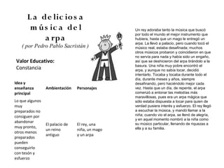L a de lic io s a
       m ú s ic a de l                           Un rey adoraba tanto la música que buscó
                                                 por todo el mundo el mejor instrumento que
           a rpa                                 hubiera, hasta que un mago le entregó un
                                                 arpa. La llevó a palacio, pero cuando tocó el
   ( por Pedro Pablo Sacristán )                 músico real, estaba desafinada; muchos
                                                 otros músicos probaron y coincidieron en que
                                                 no servía para nada y había sido un engaño,
Valor Educativo:                                 así que se deshicieron del arpa tirándolo a la
                                                 basura. Una niña muy pobre encontró el
Constancia                                       arpa, y aunque no sabía tocar, decidió
                                                 intentarlo. Tocaba y tocaba durante todo el
                                                 día, durante meses y años, siempre
Idea y                                           desafinando, pero haciéndolo mejor cada
enseñanza        Ambientación    Personajes      vez. Hasta que un día, de repente, el arpa
principal                                        comenzó a entonar las melodías más
                                                 maravillosas, pues era un arpa mágica que
Lo que algunos                                   sólo estaba dispuesta a tocar para quien de
muy                                              verdad pusiera interés y esfuerzo. El rey llegó
preparados no                                    a escuchar la música, y mandó llamar a la
consiguen por                                    niña; cuando vio el arpa, se llenó de alegría,
                                                 y en aquel momento nombró a la niña como
abandonar
                 El palacio de   El rey, una     su músico particular, llenando de riquezas a
muy pronto,                                      ella y a su familia.
                 un reino        niña, un mago
otros menos
                 antiguo         y un arpa
preparados
pueden
conseguirlo
con tesón y
esfuerzo
 