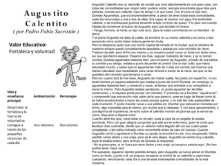 Augustito Calentito era un ratoncillo de ciudad que vivía plácidamente en una gran casa, con
                                              todas las comodidades que ningún ratón pudiera soñar: siempre encontraba agua tibia para

            A u g u s tito                    bañarse, comida aún caliente, ropa de abrigo o lo que fuera. Con él vivía un tipo raro,
                                              Duretas Aguantetas, que incomprensiblemente, a pesar de tener todas esas comodidades,
                                              cada día renunciaba a una o dos de ellas. Era capaz de lavarse con agua fría teniéndola
            C a le n tito                     caliente, o de mordisquear puerros teniendo al lado un trozo de queso. Y lo peor era cuando
                                              trataba de convencer al bueno de Augustito para que también lo hiciera:
   ( por Pedro Pablo Sacristán )              - Venga, hombre, te harás un tipo más duro. ¡Que te estás convirtiendo en un blandito! - le
                                              decía.
                                              Y el pobre Augustito se daba la vuelta, se envolvía en su manta calentita y se ponía a leer,
                                              pensando cómo podía haber todavía gente tan bruta.
 Valor Educativo:                             Pero la desgracia quiso que una noche cayera tal nevada en la ciudad, que la ratonera de
                                              nuestros amigos quedó completamente sepultada y aislada por una montaña de nieve.
 Fortaleza y voluntad                         Trataron de salir, pero el frío era intenso y no creyeron poder cavar un túnel con tanta nieve,
                                              así que decidieron esperar. Pasaron los días, seguían rodeados de nieve, y ya no tenían
                                              comida. Duretas aguantaba bastante bien, pero el bueno de Augustito, privado de sus baños,
                                              su comida y su abrigo, estaba a punto de perder el control. Era un tipo culto, que había
                                              estudiado mucho, y sabía que no aguantarían más de 3 días sin comida, los mismos que
                                              habían calculado que necesitaban para cavar el túnel a través de la nieve, así que no les
                                              quedaba otro remedio que lanzarse a cavar.
                                              Pero en cuanto tocó la fría nieve, Augustito dio media vuelta. No podía con aquel frío, ni con
                                              tanta hambre ¡ni siquiera sabiendo que estaba a punto de morir! Duretas, sin embargo, lo
                                              aguantaba bastante bien, y comenzó a cavar, al tiempo que animaba a su compañero a
                                              hacer lo mismo. Pero Augustito estaba paralizado, no podía aguantar tan terribles
Idea y                                        condiciones, y ni siquiera podía pensar con claridad. Y entonces vio a Duretas, "aquel bruto",
enseñanza        Ambientación   Personajes    y comprendió que era mucho más sabio de lo que parecía, pues en lugar de hacer como él,
principal                                     se había acostumbrado a hacer las cosas porque quería, y no sólo las más apetecibles de
                                              cada momento. Y podía mandar cavar a sus patitas sin importar que estuvieran moradas por
Desarrollar la                                el frío, algo imposible para él mismo, por mucho que lo desease. Y con esos pensamientos, y
fortaleza y la                                una lágrima de impotencia, se echó sobre el calentito montón de plumas que le servía de
fuerza de                                     cama, dispuesto a dejarse morir.
                                              Cuando abrió los ojos, creyó estar en el cielo, pues la cara de un angelito le estaba
voluntad se                                   sonriendo. Pero con gran alegría comprobó que sólo era la enfermera, quien le contó que
consigue a       Una ratonera   Dos ratones   llevaban días curándole, desde que un valiente había llegado allí con las cuatro patas
través de las                                 congeladas, y les había indicado cómo encontrarle antes de caer sin fuerzas. Cuando
pequeñas                                      Augustito corrió a agradecer a Duretas su ayuda, le encontró en pie, muy recuperado. Había
renuncias de                                  perdido varios dedos y una oreja, pero se le veía alegre. Augustito se sentía muy culpable,
                                              pues él estaba entero, pero el bruto de Duretas le respondió:
cada día                                      - No te preocupes, si no fuera por esos dedos y esa oreja, yo tampoco estaría aquí. ¡No han
                                              podido tener mejor uso!
                                              Por supuesto, siguieron siendo grandes amigos, pero Augustito ya nunca pensó en Duretas
                                              como un bruto, y junto a él, se propuso recuperar el control de su calentito y caprichoso
                                              cuerpecito, renunciando cada día a una de esas innecesarias comodidades de la vida
                                              moderna.
 