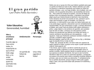 Había una vez un grupo de niños que habían quedado para jugar
                                              un partido de fútbol por todo lo alto. Habían dedicido que cada

   E l g ra n pa rtido                        uno llevaría un elemento importante que hubiera en todos los
                                              partidos oficiales, y así, uno trajo el balón, otro el silbato, otro una
                                              portería, otro los guantes del portero, las banderillas del córner,
   ( por Pedro Pablo Sacristán )              etc... Pero antes de comenzar el partido, a la hora de elegir los
                                              equipos hubo una pequeña discusión, y decidieron que podría
                                              elegir aquel que hubiera llevado el elemento más importante.
                                              Como tampoco se ponían de acuerdo en eso, pensaron que lo
                                              mejor sería empezar a jugar al completo, con todos los
                                              elementos, e ir eliminando lo que cada uno había traído para ver
                                              si se podía seguir jugando y descubrían qué era verdaderamente
Valor Educativo:                              imprescindible. Así que comenzaron a jugar, y primero eliminaron
                                              el silbato, pero quien hacía de árbitro pudo seguir arbitrando a
Generosidad, humildad                         gritos. Luego dejaron a los porteros sin guantes, pero paraban
                                              igual de bien sin ellos; y tampoco se notó apenas cuando
                                              quitaron los banderines que definían los límites del campo, ni
Idea y                                        cuando cambiaron las porterías por dos papeleras...; y así
                                              siguieron, hasta que finalmente cambiaron también el balón por
enseñanza        Ambientación    Personajes   una lata, y pudieron seguir jugando...
principal                                     Mientras jugaban, pasó por allí un señor con su hijo, y viéndoles
                                              jugar de aquella forma, le dijo al niño:
Cuando algo se                                -"Fíjate, hijo: aprende de ellos, sin tener nada son capaces de
hace entre                                    seguir jugando al fútbol, aunque nunca vayan a poder aprender ni
todos, lo                                     mejorar nada jugando así"
                                              Y los chicos, que lo oyeron, se dieron cuenta de que por su
importante es                                 exceso de orgullo y egoísmo, lo que se presentaba como un
que al final                                  partido increíble, había acabado siendo un partido penoso, con el
                 Un partido de   Unos niños
todo salga                                    que apenas se estaban divirtiendo. Así que en ese momento,
                 fútbol de       jugando al   decidieron dejar de un lado sus opiniones egoístas, y enseguida
bien, y no
                 barrio          fútbol       se pusieron de acuerdo para volver a empezar el partido desde el
andar                                         principio, esta vez con todos sus elementos. Y verdaderamente,
contando                                      fue un partido alucinante, porque ninguno midió quién jugaba
quién ha                                      mejor o peor, sino que entre todos sólo pensaron en divertirse y
aportado más                                  ayudarse.

o menos
 