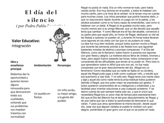 Regal no podía oír nada. Era un niño normal en todo, pero había

            E l día de l                           nacido sordo. Era muy famoso en el pueblo, y todos le trataban con
                                                   mucho cariño, pero a la hora de la verdad, no le tenían muy en cuenta
                                                   para muchas cosas. Los niños pensaban que podría hacerse daño, o
             s ile n c io                          que no reaccionaría rápido durante un juego sin oir la pelota, y los
                                                   adultos actuaban como si no fuera capaz de entenderles, casi como si
    ( por Pedro Pablo Sacristán )                  hablaran con un bebé. A Regal no le gustaba mucho esto, pero
                                                   mucho menos aún a su amigo Manuel, que un dia decidió que aquello
                                                   tenía que cambiar. Y como Manuel era el hijo del alcalde, convenció a
                                                   su padre para que aquel año, en honor de Regal, dedicaran un día de
                                                   las fiestas a quienes no pueden oir, y durante 24 horas todos llevaran
Valor Educativo:                                   unos tapones en los oidos con los que no se pudiera oír nada.
                                                   La idea fue muy bien recibida, porque todos querían mucho a Regal,
Integración                                        que durante las semanas previas a las fiestas tuvo que aguantar
                                                   bastantes miradas de lástima y sonrisas compasivas. Y el Día del
                                                   Silencio, como así lo llamaron, todos fueron a ponerse sus tapones
                                                   con gran fiesta y alegría. La mañana estuvo llena de chistes, bromas y
                                                   risas, pero según fueron pasando las horas, todos comenzaron a ser
Idea y                                             conscientes de las dificultades que tenían al no poder oir. Pero todo lo
enseñanza         Ambientación   Personajes        que aprendieron sobre lo difícil que era vivir así, no fue nada
                                                   comparado con el gran descubrimiento del día: ¡Regal era un
principal
                                                   fenómeno! Como resultaba que ya nadie se fijaba en su sordera,
Debemos dar la                                     aquel día Regal pudo jugar a todo como cualquier niño, y resultó que
oportunidad a                                      era buenísimo a casi todo. Y no sólo eso; Regal tenía una mente clara
                                                   y ágil y aquel día como nadie tenía la prisa habitual todos pudieron
quienes tienen                                     atender a Regal, que era quien mejor se expresaba por gestos. Y
alguna                                             todos quedaron sorprendidos de su inteligancia y creatividad, y su
minusvalía para                                    facilidad para inventar soluciones a casi cualquier problema. Y se
                                 Un niño sordo,
que demuestren                                     dieron cuenta de que siempre había sido así, y que lo único que
                  Un pueblo en   su mejor amigo,   necesitaba Regal era un poco más de tiempo para expresarse bien.
todas sus
                  fiestas        y la gente del    Así que el Día del Silencio fue el del gran descubrimiento de Regal, y
cualidades,
                                 pueblo            de que había que dar a todos la oportunidad de demostrar lo que
evitando que                                       valían. Y para que otros aprendieran la misma lección, desde aquel
sus problemas                                      día, cada vez que alguien visitaba el pueblo le recibían con gran
nos impidan                                        alegría, poniéndole un gran gorro con el que no se podía oir nada.
tratarlos con
normalidad
 