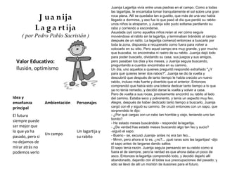 Juanija Lagartija vivía entre unas piedras en el campo. Como a todas
                                                  las lagartijas, le encantaba tomar tranquilamente el sol sobre una gran
             J u a n ija                          roca plana. Allí se quedaba tan a gustito, que más de una vez había
                                                  llegado a dormirse, y eso fue lo que pasó el día que perdió su rabito:
                                                  unos niños la atraparon, y Juanija sólo pudo soltarse perdiendo su
            L a g a rtija                         rabo y corriendo a esconderse.
                                                  Asustada oyó como aquellos niños reían al ver cómo seguía
     ( por Pedro Pablo Sacristán )                moviéndose el rabito sin la lagartija, y terminaban tirándolo al campo
                                                  después de un ratito. La lagartija comenzó entonces a buscarlo por
                                                  toda la zona, dispuesta a recuperarlo como fuera para volver a
                                                  colocarlo en su sitio. Pero aquel campo era muy grande, y por mucho
                                                  que buscaba, no encontraba ni rastro de su rabito. Juanija dejó todo
                                                  para poder buscarlo, olvidando su casa, sus juegos y sus amigos,
 Valor Educativo:                                 pero pasaban los días y los meses, y Juanija seguía buscando,
                                                  preguntando a cuantos encontraba en su camino.
 Ilusión, optimismo                               Un día, uno aquellos a quienes preguntó respondió extrañado "¿Y
                                                  para qué quieres tener dos rabos?". Juanija se dio la vuelta y
                                                  descubrió que después de tanto tiempo le había crecido un nuevo
                                                  rabito, incluso más fuerte y divertido que el anterior. Entonces
                                                  comprendió que había sido una totería dedicar tanto tiempo a lo que
                                                  ya no tenía remedio, y decidió darse la vuelta y volver a casa.
                                                  Pero de vuelta a sus rocas, precisamente encontró su rabito al lado
Idea y                                            del camino. Estaba seco y polvoriento, y tenía un aspecto muy feo.
enseñanza         Ambientación   Personajes       Alegre, después de haber dedicado tanto tiempo a buscarlo, Juanija
principal                                         cargó con él y siguió su camino. Se cruzó entonces con un sapo, que
                                                  sorprendido le dijo:
El futuro                                         - ¿Por qué cargas con un rabo tan horrible y viejo, teniendo uno tan
                                                  bonito?
siempre puede                                     - He estado meses buscándolo - respondió la lagartija.
ser mejor que                                     - ¿De verdad has estado meses buscando algo tan feo y sucio?
lo que ya ha                     Un lagartija y   -siguió el sapo.
                  Un campo                        - Bueno - se, excusó Juanija- antes no era tan feo...
pasado, pero si                  su rabito
                                                  - Mmm, pero ahora sí lo es, ¿no?... ¡qué raras sois las lagartijas! -dijo
no dejamos de                                     el sapo antes de largarse dando saltos
mirar atrás no                                    El sapo tenía razón. Juanija seguía pensando en su rabito como si
podemos verlo                                     fuera el de siempre, pero la verdad es que ahora daba un poco de
                                                  asco. Entonces la lagartija comprendió todo, y decidió dejarlo allí
                                                  abandonado, dejando con él todas sus preocupaciones del pasado; y
                                                  sólo se llevó de allí un montón de ilusiones para el futuro.
 