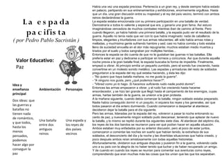 Había una vez una espada preciosa. Pertenecía a un gran rey, y desde siempre había estado
                                               en palacio, partipando en sus entrenamientos y exhibiciones, enormemente orgullosa. Hasta
                                               que un día, una gran discusión entre su majestad y el rey del país vecino, terminó con ambos
                                               reinos declarándose la guerra.
      L a e s pa da                            La espada estaba emocionada con su primera participación en una batalla de verdad.
                                               Demostraría a todos lo valiente y especial que era, y ganaría una gran fama. Así estuvo
                                               imaginándose vencedora de muchos combates mientras iban de camino al frente. Pero
       pa c ifis ta                            cuando llegaron, ya había habido una primera batalla, y la espada pudo ver el resultado de la
                                               guerra. Aquello no tenía nada que ver con lo que había imaginado: nada de caballeros
( por Pedro Pablo Sacristán )                  limpios, elegantes y triunfadores con sus armas relucientes; allí sólo había armas rotas y
                                               melladas, y muchísima gente sufriendo hambre y sed; casi no había comida y todo estaba
                                               lleno de suciedad envuelta en el olor más repugnante; muchos estaban medio muertos y
                                               tirados por el suelo y todos sangraban por múltiples heridas...
                                               Entonces la espada se dio cuenta de que no le gustaban las guerras ni las batallas. Ella
                                               prefería estar en paz y dedicarse a participar en torneos y concursos. Así que durante aquella
  Valor Educativo:                             noche previa a la gran batalla final, la espada buscaba la forma de impedirla. Finalmente,
  Paz                                          empezó a vibrar. Al principio emitía un pequeño zumbido, pero el sonido fue creciendo, hasta
                                               convertirse en un molesto sonido metálico. Las espadas y armaduras del resto de soldados
                                               preguntaron a la espada del rey qué estaba haciendo, y ésta les dijo:
                                               - "No quiero que haya batalla mañana, no me gusta la guerra".
                                               - "A ninguno nos gusta, pero ¿qué podemos hacer?".
Idea y                                         - "Vibrad como yo lo hago. Si hacemos suficiente ruido nadie podrá dormir".
                                               Entonces las armas empezaron a vibrar, y el ruido fue creciendo hasta hacerse
enseñanza        Ambientación   Personajes
                                               ensordecedor, y se hizo tan grande que llegó hasta el campamento de los enemigos, cuyas
principal                                      armas, hartas también de la guerra, se unieron a la gran protesta.
                                               A la mañana siguiente, cuando debía comenzar la batalla, ningún soldado estaba preparado.
Dos ideas: que
                                               Nadie había conseguido dormir ni un poquito, ni siquiera los reyes y los generales, así que
las guerras y                                  todos pasaron el día entero durmiendo. Cuando comenzaron a despertar al atardecer,
batallas no                                    decidieron dejar la batalla para el día siguiente.
tienen nada                                    Pero las armas, lideradas por la espada del rey, volvieron a pasar la noche entonando su
de romántico,                                  canto de paz, y nuevamente ningún soldado pudo descansar, teniendo que aplazar de nuevo
                 Una batalla    Una espada y   la batalla, y lo mismo se repitió durante los siguientes siete días. Al atardecer del séptimo día,
y que todos,
                 entre dos      los reyes de   los reyes de los dos bandos se reunieron para ver qué podían hacer en aquella situación.
hasta los                                      Ambos estaban muy enfadados por su anterior discusión, pero al poco de estar juntos,
                 antiguos       dos países
menos                                          comenzaron a comentar las noches sin sueño que habían tenido, la extrañeza de sus
                 reinos         vecinos
pensados,                                      soldados, el desconcierto del día y la noche y las divertidas situaciones que había creado, y
podemos                                        poco después ambos reían amistosamente con todas aquellas historietas.
                                               Afortunadamente, olvidaron sus antiguas disputas y pusieron fin a la guerra, volviendo cada
hacer algo por
                                               uno a su país con la alegría de no haber tenido que luchar y de haber recuperado un amigo.
conseguir la                                   Y de cuando en cuando los reyes se reunían para comentar sus aventuras como reyes,
paz                                            comprendiendo que eran muchas más las cosas que los unían que las que los separaban.
 