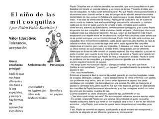 Pepito Chispiñas era un niño tan sensible, tan sensible, que tenía cosquillas en el pelo.
                                             Bastaba con tocarle un poco la cabeza, y se rompía de la risa. Y cuando le daba esa
                                             risa de cosquillas, no había quien le hiciera parar. Así que Pepito creció acostumbrado a
E l n iñ o de la s                           situaciones raras: cuando venían a casa las amigas de su abuela, siempre terminaba
                                             desternillado de risa, porque no faltaba una viejecita que le tocase el pelo diciendo "qué
                                             majo". Y los días de viento eran la monda, Pepito por el suelo de la risa en cuanto el
m il c o s qu illa s                         viento movía su melena, que era bastante larga porque en la peluquería no costaba
                                             nada que se riera sin parar, pero lo de cortarle el pelo, no había quien pudiera.
( por Pedro Pablo Sacristán )                Verle reír era, además de divertidísimo, tremendamente contagioso, y en cuanto Pepito
                                             empezaba con sus cosquillas, todos acababan riendo sin parar, y había que interrumpir
                                             cualquier cosa que estuvieran haciendo. Así que, según se iba haciendo más mayor,
                                             empezaron a no dejarle entrar en muchos sitios, porque había muchas cosas serias que
Valor Educativo:                             no se podían estropear con un montón de risas. Pepito hizo de todo para controlar sus
                                             cosquillas: llevó mil sombreros distintos, utilizó lacas y gominas ultra fuertes, se rapó la
Tolerancia,                                  cabeza e incluso hizo un curso de yoga para ver si podía aguantar las cosquillas
                                             relajándose al máximo, pero nada, era imposible. Y deseaba con todas sus fuerzas ser
aceptación                                   un chico normal, así que empezó a sentirse triste y desgraciado por ser diferente.
                                             Hasta que un día en la calle conoció un payaso especial. Era muy viejecito, y ya casi no
                                             podía ni andar, pero cuando le vio triste y llorando, se acercó a Pepito para hacerle reír.
                                             No le tardó mucho en hacer que Pepito se riera, y empezaron a hablar. Pepito le contó
                                             su problema con las cosquillas, y le preguntó cómo era posible que un hombre tan
Idea y                                       anciano siguiera haciendo de payaso.
enseñanza     Ambientación      Personajes   - No tengo quien me sustituya- dijo él, - y tengo un trabajo muy serio que hacer.
                                             Carlitos le miró extrañado; "¿serio?, ¿un payaso?", pensaba tratando de entender. Y el
principal                                    payaso le dijo:
                                             - Ven, voy a enseñártelo.
Todo lo que                                  Entonces el payaso le llevó a recorrer la ciudad, parando en muchos hospitales, casas
nos hace                                     de acogida, albergues, colegios... Todos estaban llenos de niños enfermos o sin padres,
diferentes                                   con problemas muy serios, pero en cuanto veían aparecer al payaso, sus caras
                                             cambiaban por completo y se iluminaban con una sonrisa. Su ratito de risas junto al
nos hace a                                   payaso lo cambiaba todo, pero aquel día fue aún más especial, porque en cada parada
              Una ciudad y
la vez                                       las cosquillas de Pepito terminaron apareciendo, y su risa contagiosa acabó con todos
              los lugares con   Un niño y    los niños por los suelos, muertos de risa.
especiales,
              niños más         un payaso    Cuando acabaron su visita, el anciano payaso le dijo, guiñándole un ojo.
y siempre                                    - ¿Ves ahora qué trabajo tan serio? Por eso no puedo retirarme, aunque sea tan viejito.
              desfavorecidos                 - Es verdad -respondió Pepito con una sonrisa, devolviéndole el guiño- no podría
hay formas
                                             hacerlo cualquiera, habría que tener un don especial para la risa. Y eso es tan difícil de
de                                           encontrar... -dijo Pepito, justo antes de que el viento despertara sus cosquillas y sus
aprovechar                                   risas.
                                             Y así, Pepito se convirtió en payaso, sustituyendo a aquel anciano tan excepcional, y
esos dones                                   cada día se alegraba de ser diferente, gracias a su don especial.
 