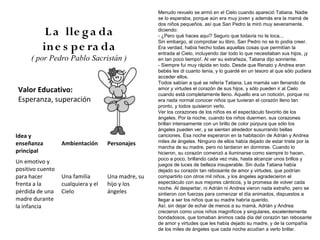 Menudo revuelo se armó en el Cielo cuando apareció Tatiana. Nadie
                                                    se lo esperaba, porque aún era muy joven y además era la mamá de
                                                    dos niños pequeños, así que San Pedro la miró muy severamente,
           L a lle g a da                           diciendo:
                                                    - ¿Pero qué haces aquí? Seguro que todavía no te toca...
                                                    Sin embargo, al comprobar su libro, San Pedro no se lo podía creer.
          in e s pe ra da                           Era verdad, había hecho todas aquellas cosas que permitían la
                                                    entrada al Cielo, incluyendo dar todo lo que necesitaban sus hijos, ¡y
      ( por Pedro Pablo Sacristán )                 en tan poco tiempo!. Al ver su extrañeza, Tatiana dijo sonriente.
                                                    - Siempre fui muy rápida en todo. Desde que Renato y Andrea eran
                                                    bebés les di cuanto tenía, y lo guardé en un tesoro al que sólo pudiera
                                                    acceder ellos.
                                                    Todos sabían a qué se refería Tatiana. Las mamás van llenando de
Valor Educativo:                                    amor y virtudes el corazón de sus hijos, y sólo pueden ir al Cielo
                                                    cuando está completamente lleno. Aquello era un notición, porque no
Esperanza, superación                               era nada normal conocer niños que tuvieran el corazón lleno tan
                                                    pronto, y todos quisieron verlo.
                                                    Ver los corazones de los niños es el espectáculo favorito de los
                                                    ángeles. Por la noche, cuando los niños duermen, sus corazones
                                                    brillan intensamente con un brillo de color púrpura que sólo los
                                                    ángeles pueden ver, y se sientan alrededor susurrando bellas
Idea y                                              canciones. Esa noche esperaron en la habitación de Adrián y Andrea
enseñanza         Ambientación      Personajes      miles de ángeles. Ninguno de ellos había dejado de estar triste por la
                                                    marcha de su madre, pero no tardaron en dormirse. Cuando lo
principal                                           hicieron, su corazón comenzó a iluminarse como siempre lo hacen,
                                                    poco a poco, brillando cada vez más, hasta alcanzar unos brillos y
Un emotivo y                                        juegos de luces de belleza insuperable. Sin duda Tatiana había
positivo cuento                                     dejado su corazón tan rebosante de amor y virtudes, que podrían
para hacer        Una familia       Una madre, su   compartirlo con otros mil niños, y los ángeles agradecieron el
frenta a la       cualquiera y el   hijo y los      espectáculo con sus mejores cánticos, y la promesa de volver cada
                                                    noche. Al despertar, ni Adrián ni Andrea vieron nada extraño, pero se
pérdida de una    Cielo             ángeles         sintieron con fuerzas para comenzar el día animados, dispuestos a
madre durante                                       llegar a ser los niños que su madre habría querido.
la infancia                                         Así, sin dejar de echar de menos a su mamá, Adrián y Andrea
                                                    crecieron como unos niños magníficos y singulares, excelentemente
                                                    bondadosos, que tomaban ánimos cada día del corazón tan rebosante
                                                    de amor y virtudes que les había dejado su madre, y de la compañía
                                                    de los miles de ángeles que cada noche acudían a verlo brillar.
 