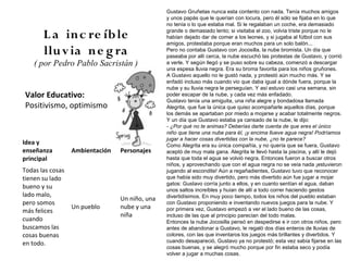 Gustavo Gruñetas nunca esta contento con nada. Tenía muchos amigos
                                                y unos papás que le querían con locura, pero él sólo se fijaba en lo que
                                                no tenía o lo que estaba mal. Si le regalaban un coche, era demasiado

       L a in c re íb le                        grande o demasiado lento; si visitaba el zoo, volvía triste porque no le
                                                habían dejado dar de comer a los leones, y si jugaba al fútbol con sus
                                                amigos, protestaba porque eran muchos para un solo balón...
       llu v ia n e g ra                        Pero no contaba Gustavo con Jocosilla, la nube bromista. Un día que
                                                paseaba por allí cerca, la nube escuchó las protestas de Gustavo, y corrió
    ( por Pedro Pablo Sacristán )               a verle. Y según llegó y se puso sobre su cabeza, comenzó a descargar
                                                una espesa lluvia negra. Era su broma favorita para los niños gruñones.
                                                A Gustavo aquello no le gustó nada, y protestó aún mucho más. Y se
                                                enfadó incluso más cuando vio que daba igual a dónde fuera, porque la
                                                nube y su lluvia negra le perseguían. Y así estuvo casi una semana, sin
Valor Educativo:                                poder escapar de la nube, y cada vez más enfadado.
                                                Gustavo tenía una amiguita, una niña alegre y bondadosa llamada
Positivismo, optimismo                          Alegrita, que fue la única que quiso acompañarle aquellos días, porque
                                                los demás se apartaban por miedo a mojarse y acabar totalmente negros.
                                                Y un día que Gustavo estaba ya cansado de la nube, le dijo:
                                                - ¿Por qué no te animas? Deberías darte cuenta de que eres el único
                                                niño que tiene una nube para él, ¡y encima llueve agua negra! Podríamos
                                                jugar a hacer cosas divertidas con la nube, ¿no te parece?
Idea y                                          Como Alegrita era su única compañía, y no quería que se fuera, Gustavo
enseñanza         Ambientación   Personajes     aceptó de muy mala gana. Alegrita le llevó hasta la piscina, y allí le dejó
principal                                       hasta que toda el agua se volvió negra. Entonces fueron a buscar otros
                                                niños, y aprovechando que con el agua negra no se veía nada ¡estuvieron
Todas las cosas                                 jugando al escondite! Aún a regañadientes, Gustavo tuvo que reconocer
tienen su lado                                  que había sido muy divertido, pero más divertido aún fue jugar a mojar
                                                gatos: Gustavo corría junto a ellos, y en cuanto sentían el agua, daban
bueno y su                                      unos saltos increíbles y huían de allí a todo correr haciendo gestos
lado malo,                                      divertidísimos. En muy poco tiempo, todos los niños del pueblo estaban
                                 Un niño, una
pero somos                                      con Gustavo proponiendo e inventando nuevos juegos para la nube. Y
                  Un pueblo      nube y una     por primera vez, Gustavo empezó a ver el lado bueno de las cosas,
más felices
                                 niña           incluso de las que al principio parecían del todo malas.
cuando                                          Entonces la nube Jocosilla pensó en despedirse e ir con otros niños, pero
buscamos las                                    antes de abandonar a Gustavo, le regaló dos días enteros de lluvias de
cosas buenas                                    colores, con las que inventaros los juegos más brillantes y divertidos. Y
                                                cuando desapareció, Gustavo ya no protestó; esta vez sabía fijarse en las
en todo.
                                                cosas buenas, y se alegró mucho porque por fin estaba seco y podía
                                                volver a jugar a muchas cosas.
 