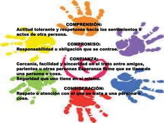 COMPRENSIÓN:
Actitud tolerante y respetuosa hacia los sentimientos o
actos de otra persona.
COMPROMISO:
Responsabilidad u obligación que se contrae.
CONFIANZA:
Cercanía, facilidad y sinceridad en el trato entre amigos,
parientes u otras personas Esperanza firme que se tiene de
una persona o cosa.
Seguridad que uno tiene en sí mismo.
CONSIDERACIÓN:
Respeto o atención con el que se trata a una persona o
cosa.
 