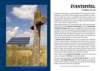 125
COZUELOSDE FUENTIDUEÑA
Bodegas
Madera labrada del sotocoro
Los arroyos que bordean el pueblo aportan colorido al paisaje ya que
al frescor de sus aguas crecen olmos, juncos y zarzamoras. En la
Fuente de Arriba, cercana a las bodegas tradicionales, se ha plan-
tado un jardín con saúcos, arces y otras plantas ornamentales. Apro-
vechando estas aguas, se siguen cultivando pequeñas huertas ameni-
zadas por los cantos de mirlos, petirrojos y pinzones. Al otro extremo
del pueblo se encuentran la Fuente de las Piojas y el lavadero de
Balbis. Junto a este último se puede ver el manantial de aguas crista-
linas que abastece a las pilas y el viejo puente del camino.
En un lateral del pueblo, algo apartada de sus casas, se encuentra la
iglesia de Nuestra Señora de laAsunción. La fundación del templo
es de época medieval y luego fue ampliado en el siglo XVI. Consta
de tres naves, cabecera recta románica, sacristía, capilla lateral y una
torre, esbelta y austera, que se levanta a los pies de la nave. Por la
decoración de la portada y del arco triunfal el maestro que hizo la
iglesia románica podía haber trabajado antes en la de San Miguel de
Fuentidueña. En la capilla lateral se conserva un retablo clasicista
hecho en 1544 y dorado en 1769. Las tablas son obras destacadas del
Maestro de Duruelo, quien para pintar a San Andrés se inspiró en
un personaje de la Capilla Sixtina de Miguel Ángel. El coro también
es una pieza excepcional. La balaustrada y el sotocoro se decoran
con motivos vegetales enmarcados por exuberantes tracerías.
Cerca de la iglesia se encuentran las ruinas de la Casa Grande y, fuera
del pueblo, la humilde ermita de San Roque, obra del siglo XVII.
En cuanto a ﬁestas, se celebran Nuestra Señora y San Roque, los
días 15 y 16 de agosto. Pero la ﬁesta mayor es la Minerva en honor
al Santísimo Sacramento, que se celebra el último ﬁn de semana de
junio. La procesión del viernes es el momento más señalado.
La tradición de la Minerva
 