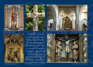 VEGAFRÍA
Confín de la Tierra de Fuentidueña
Situado en un alto, desprotegido de los vientos que azotan el páramo,
el pueblo hace honor a su nombre. La temperatura puede descender
incluso dos grados al aproximarnos al pueblo. Una variación térmica
agradable en el verano aunque no tanto en el invierno. Los campos
de cultivo se han extendido por la planicie desde las blancas casas.
Aunque hoy es anejo de Olombrada, Vegafría pertenece histórica-
mente a la comunidad de Villa y Tierra de Fuentidueña, en cuyo
extremo occidental se sitúa.
Actualmente no quedan viñas, pero la abundancia de bodegas, es-
pecialmente junto a la ermita del Humilladero, hacen suponer que
este cultivo fue muy importante en el pasado. La ermita es un simple
humilladero, unido al pueblo por el calvario de piedra.
El origen románico de la iglesia de Santa María Magdalena se
puede todavía apreciar en el muro sur. En el siglo XVI se emprende
una importante reforma, siguiendo un proyecto monumental para la
construcción de un templo gótico. Este proyecto no se llegó a com-
pletar, por lo que nave y cabecera guardan una gran desproporción.
Tras acceder al interior por la nave meridional, a sus pies encon-
tramos la pila bautismal románica. Un gran arco formero da paso
a la nave principal, que se cubre con un artesonado mudéjar. El
transepto, la capilla mayor y la capilla lateral se cubren con bóvedas
de crucería cuyos nervios parten de grandes columnas. El retablo
mayor es de principios del siglo XVII. En sus pinturas podrían ha-
ber participado Gabriel de Cárdenas y Agustín Medina. El primero
es el gran pintor de la escuela de Cuéllar.
Santa María Magdalena es la patrona del pueblo. Vecinos, familia-
res y amigos se reúnen el segundo domingo de julio para celebrar en
su honor sus ﬁestas más señaladas.
134
Vía CrucisBóvedas de crucería
Artesonado mudéjar
 