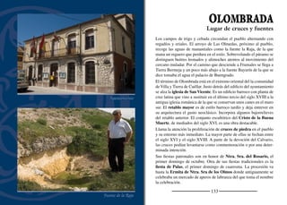 135
MORALEJA DE CUÉLLAR
Bóvedas de arista y lunetos
Oveja churraPuerta de bodega
Este pueblo soleado y tranquilo del páramo segoviano está rodeado
de campos de cultivo que producen cereal y remolacha. Apenas se
observan restos de adobes en sus viejas construcciones, predomi-
nando la caliza del páramo en muros y fachadas. En los pueblos de
alrededor tenían gran fama los cacharreros de Moraleja cuyos pu-
cheros, cazuelas y otros utensilios eran los más apreciados del con-
torno. Un duro oﬁcio que los alejaba de sus hogares durante varios
meses dejando mermado el pueblo a la espera del ansiado regreso.
Todavía es posible ver hoy algún rebaño de ovejas churras, que eran
el ganado lanar que tradicionalmente se criaba en esta zona.
Las bodegas, muchas de ellas abandonadas, se abren en lo alto del
suave cerro por el que asciende el caserío. Junto a ellas, se levanta la
iglesia de Santa María Magdalena, una advocación muy frecuente
en toda la churrería. Es un viejo templo románico cuya estructura
queda oculta por reformas barrocas. Consta de dos naves rematadas
por cabeceras rectas y cubiertas con bóvedas de cañón apuntado.
La portada de ingreso, oculta bajo enlucidos posteriores, es romá-
nica, de tres arquivoltas. La nave sur es más baja y su cabecera se
ha convertido en sacristía. A los pies se encuentra la pila bautismal
románica, decorada con gallones, y la puerta que da al cuarto de
Ánimas. Junto al muro de la sacristía se alza el retablo de la Resu-
rrección, cuyas pinturas son obra del maestro de Salcedón (Lastras
de Cuéllar). Ambas naves se cubren con bóvedas barrocas adornadas
con tracerías. El arco triunfal es apuntado y el presbiterio se cubre
con bóveda de cañón apuntada, también decorada con tracerías. El
retablo mayor, de tres calles, es de estilo barroco.
Su patrona es Sta. Mª. Magdalena, que se celebra el 22 de Julio. En
pleno invierno, el 17 de enero, se festeja a San Antón.
Donde pacen las churras
 