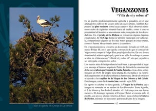 49
CABEZUELA
Pinar nevadoCigüeñas en la chimenea
Pila bautismal
El pueblo y su término pertenecen históricamente a la Comunidad
de Villa y Tierra de Sepúlveda y se localiza en su extremo occidental
en el límite con la Tierra de Pedraza. Su paisaje lo dominan extensas
masas de pino resinero. Sin embargo, no siempre debió ser así, ya
que las encinas salpicadas entre los pinos ponen de maniﬁesto la
importancia que este árbol debió tener en el pasado. A medida que
nos acercamos a las riberas del Cega el paisaje se transforma. En
algunas zonas los chopos cultivados han sustituido al bosque ori-
ginal pero en otros lugares, como en la ﬁnca de Los Porretales, se
conserva la vegetación original, favorecida por el adehesamiento de
los fresnos para el ganado. Parros y garzas son comunes en estas
zonas, incluso anida una pareja de cigüeña negra.
La iglesia de la Asunción es un templo de elegantes proporciones y
decoración austera. Fue construida en varios momentos entre el siglo
XVI y el XVIII. Conserva una magníﬁca pila bautismal del siglo
XII decorada con gallones y cabezas humanas inscritas en arquillos
de medio punto. El retablo colateral dedicado a la Inmaculada con-
serva pinturas de dos grandes maestros segovianos del siglo XVI:
Diego de Aguilar (San Pedro y San Pablo) y Alonso Herrera (San
Benito, San Roque y San Antón). Del primero es también el lienzo
de la Natividad.
La chimenea de la vieja fábrica de resina se eleva sobre los tejados,
como testigo silencioso de una economía antaño ﬂoreciente basada
en la explotación racional del pinar.
El 14 de septiembre se celebran las ﬁestas de la Exaltación de la Cruz,
retrasadas un mes en el calendario. También se celebran San Roque, el
16 de agosto, y la Octava del Señor, el ﬁn de semana siguiente al Corpus
Christi. El sonido de chiscar la tralla acompaña todas las celebraciones.
Junto a la esplendorosa ribera del Cega
 