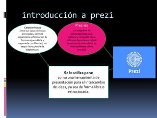 introducción a prezi
Prezi es
un programa de
presentaciones para
explorar y compartir ideas
sobre un documento virtual
basado en la informática en
nube (software como
servicio)
Se lo utiliza para:
como una herramienta de
presentación para el intercambio
de ideas, ya sea de forma libre o
estructurada.
Características
Entre sus características
principales, permite
organizar la información de
forma esquemática y
exponerla con libertad, sin
seguir la secuencia de
diapositivas.
 