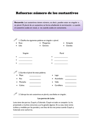 Refuerzo: número de los sustantivos
 1. Clasifica las siguientes palabras en singular o plural.
 Rosa
 Lilas
 Margaritas
 Geranio
 Amapola
 Claveles
Singular
 ________________
 ________________
 ________________
Plural
 ________________
 ________________
 ________________
 2. Escribe el plural de estas palabras.
 Playa: ___________
 Río: ___________
 Montaña: ___________
 Colina: ___________
 Lago: ___________
 Acantilado: ___________
 Valle: ___________
 Cordillera: ___________
 3. Subraya los seis sustantivos en plural y escríbelos en singular.
Los perros de Luisa
Luisa tiene dos perros, Cuquín y Colorado. Cuquín es todo un campeón. Lo ha
presentado a muchos concursos y ya ha ganado algunos. En su casa, tiene varios
trofeos y medallas por las paredes y una foto de los tres juntos cuando Cuquín y
Colorado eran cachorros.
________________________________________________________________
________________________________________________________________
Recuerda: Los sustantivos tienen número, es decir, pueden estar en singular o
en plural. El plural de un sustantivo se forma añadiendo la terminación –s cuando
el sustantivo acaba en vocal, o –es cuando acaba en consonante.
 
