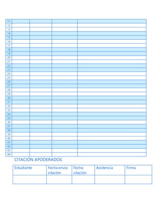 11
12
13
14
15
16
17
18
19
20
21
22
23
24
25
26
27
28
29
30
31
32
33
34
35
36
37
38
39
40
41
42
43
44
CITACIÓN APODERADOS
Estudiante Fecha envío
citación
Fecha
citación
Asistencia Firma
 