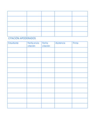 CITACIÓN APODERADOS
Estudiante Fecha envío
citación
Fecha
citación
Asistencia Firma
 