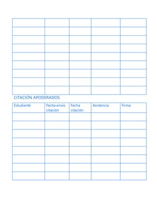 CITACIÓN APODERADOS
Estudiante Fecha envío
citación
Fecha
citación
Asistencia Firma
 