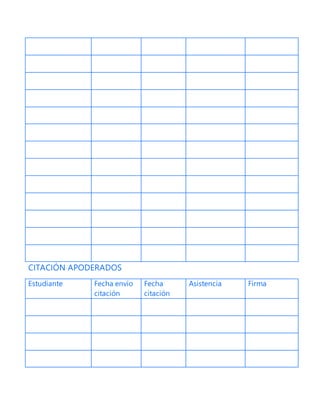 CITACIÓN APODERADOS
Estudiante Fecha envío
citación
Fecha
citación
Asistencia Firma
 