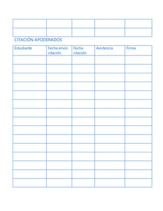 CITACIÓN APODERADOS
Estudiante Fecha envío
citación
Fecha
citación
Asistencia Firma
 